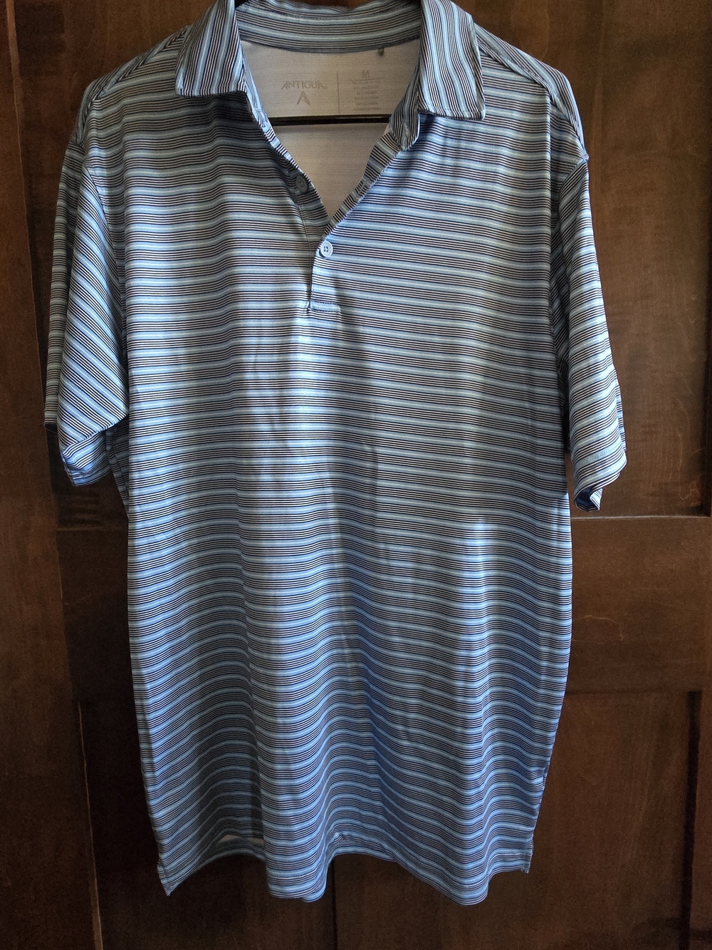 Antigua Men’s Light Blue and White Horizontal Stripe Polo